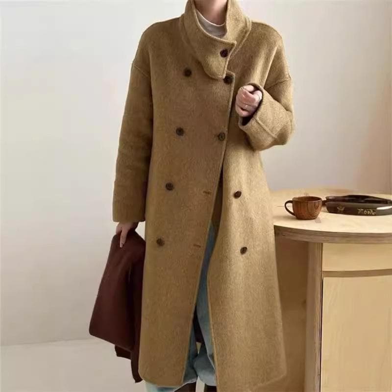 Autumn and Winter Double-sided Cashmere Coat Mid-length Stand-up Collar Versatile Wool Hepburn Style Coat for Women M