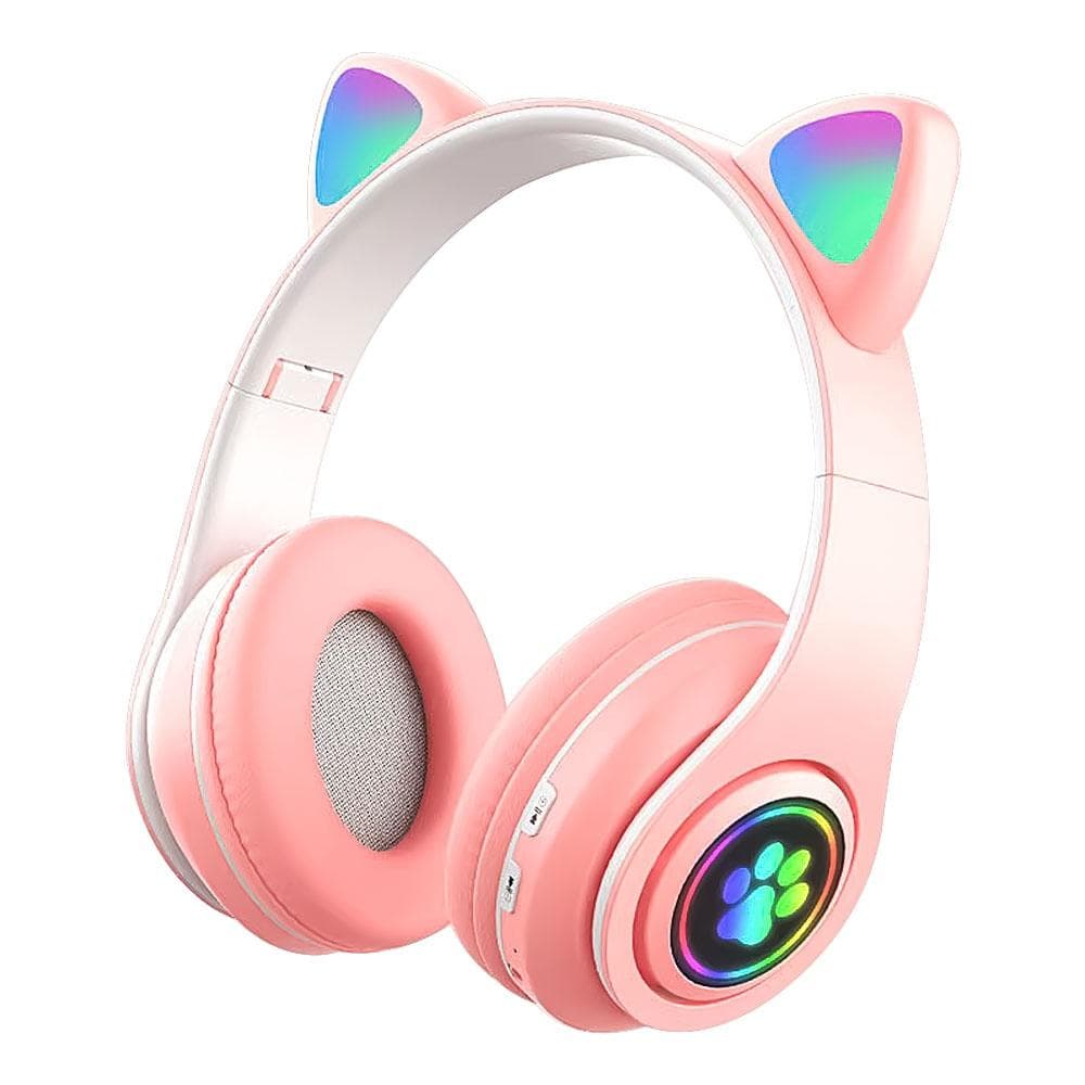 Bluetooth 5.0 Headphone with Microphone Cute Cat Ear Wireless/Wired Foldable Headphone Bass RGB Breathing Light for Boys/Girls Without box pink