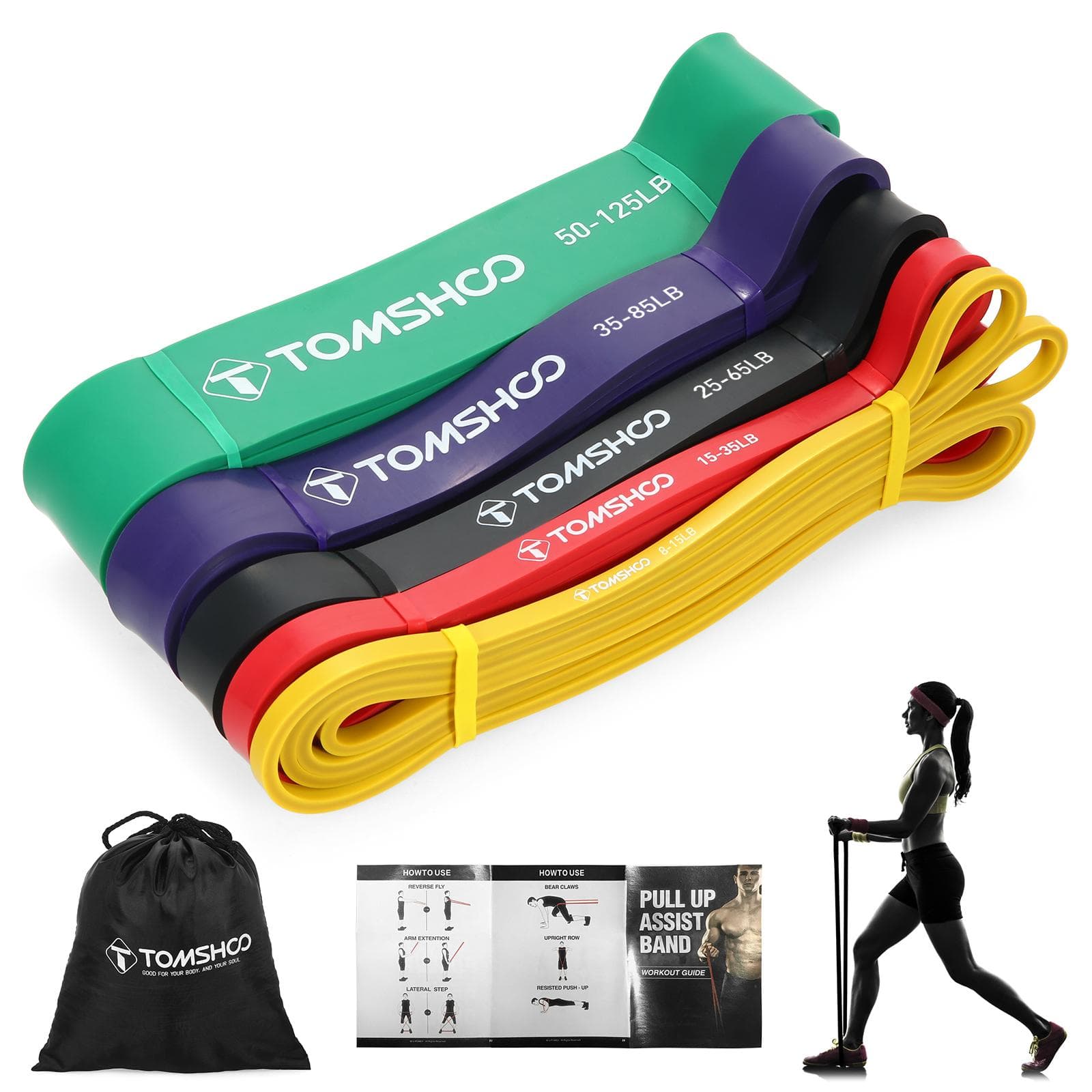 TOMSHOO 4pcs Pull Up Assist Bands Set Resistance Loop Bands Powerlifting Workout Exercise Stretch