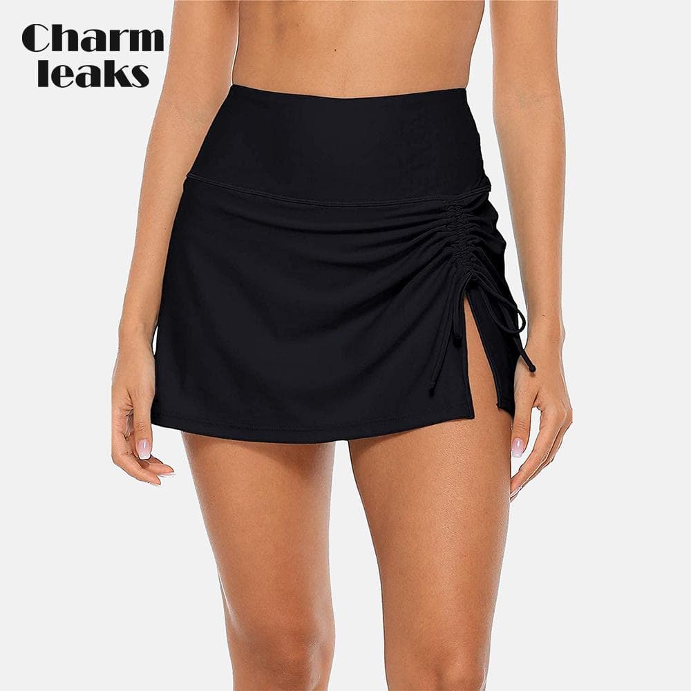 Womens High Waisted Split Swim Skirt Sporty Drawstring Skirted Swim Bottom with Built-in Swimming Panty Swimwear L black