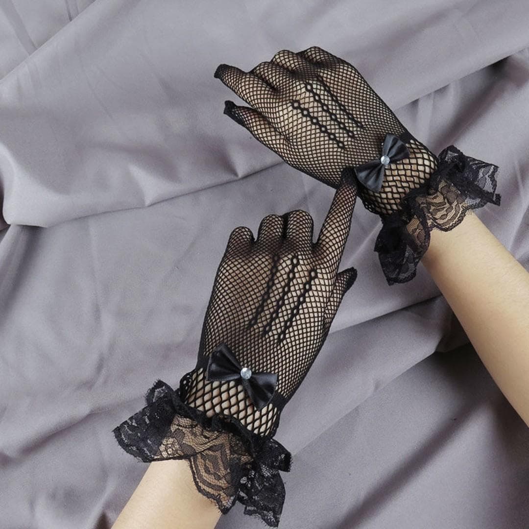Elegant Ladies Short Lace Gloves Sheer Fishn Net Black White Prom Party black