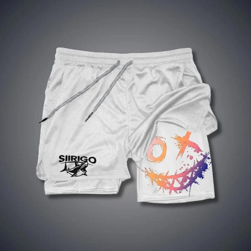 Summer Holiday Men's Smiley Face Printed Shorts Double Layer Fitness Holiday Casual Beach Casual Pants 3XL
