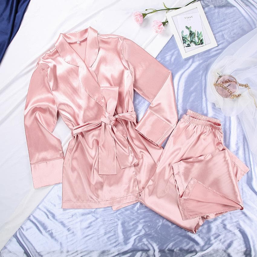 Two Pieces Sets with Belt Satin Lady Pajamas Suit Lingerie Loose Home Wear Summer Casual Nightwear Elastic Waist Pyjamas L pink