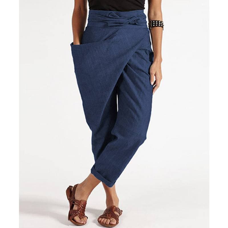 Women Summer Pants Irregular Pockets Streetwear Solid Color High Waist Trendy Straight Wide Leg Cropped Pants for Dating S navy blue