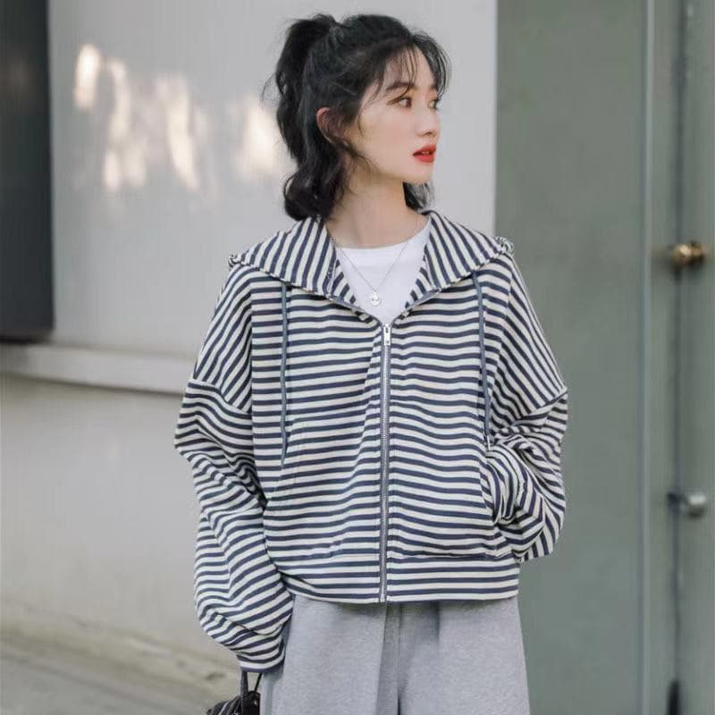 Autumn New Korean Version Loose and Thin Striped Long-sleeved Thin Hooded Sweater Women's Sports Cardigan Jacket 2XL