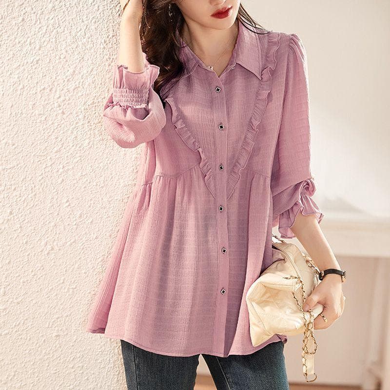 Shirt Women's New Belly-shading Loose Foreign Chiffon Shirt, Fashion Casual Ageing Temperament Tops, Women's Shirts 3XL 150-85 kg pink