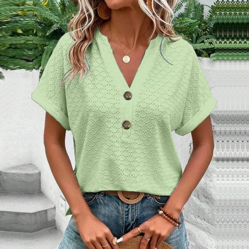 European and American New Women's Clothing Fashion Casual Solid Color Button V-neck T-shirt Women 3XL