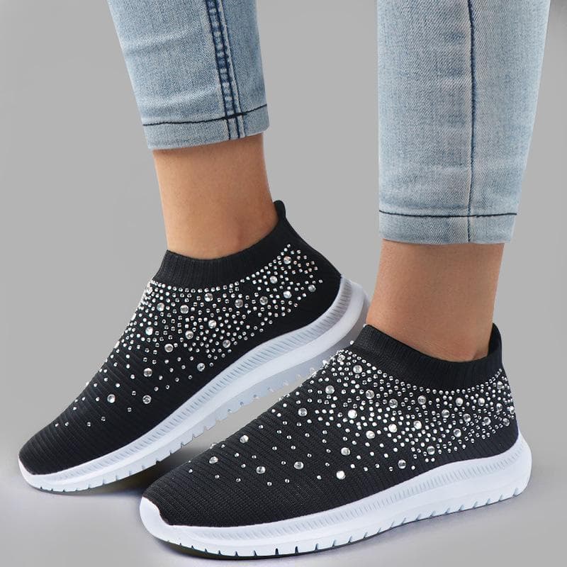 New Large Size Rhinestone Stretch Socks Shoes Casual Women's Sports Shoes Breathable Light Shoes 43 black