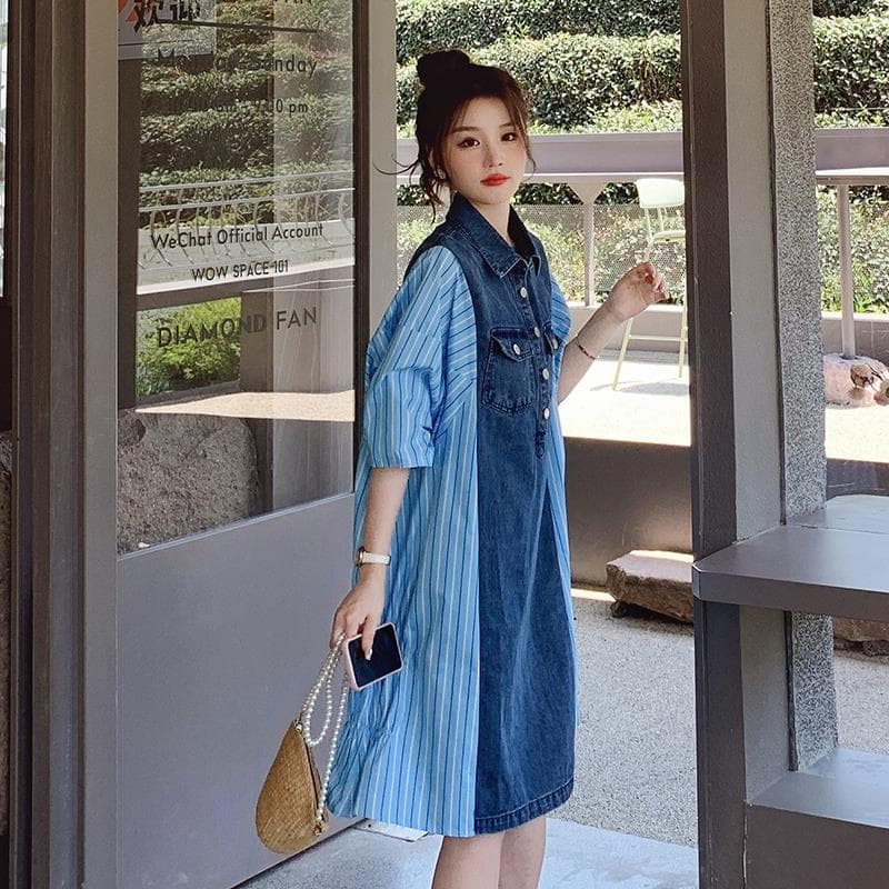 Polo Collar Denim Striped Dress Women's Summer Thin New Fake Two-piece Skirt XL blue