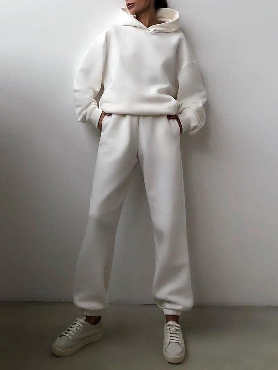 Women Elegant Solid Sets For Women Warm Hoodie Sweatshirts And Long Pant Fashion Two Piece Sets Ladies Sweatshirt Suits XS white