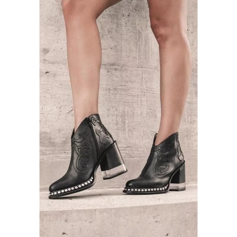Embroidered Fashion Boots Women Rivet Crystal High Heels Short Boots Ankle Boots 38 black