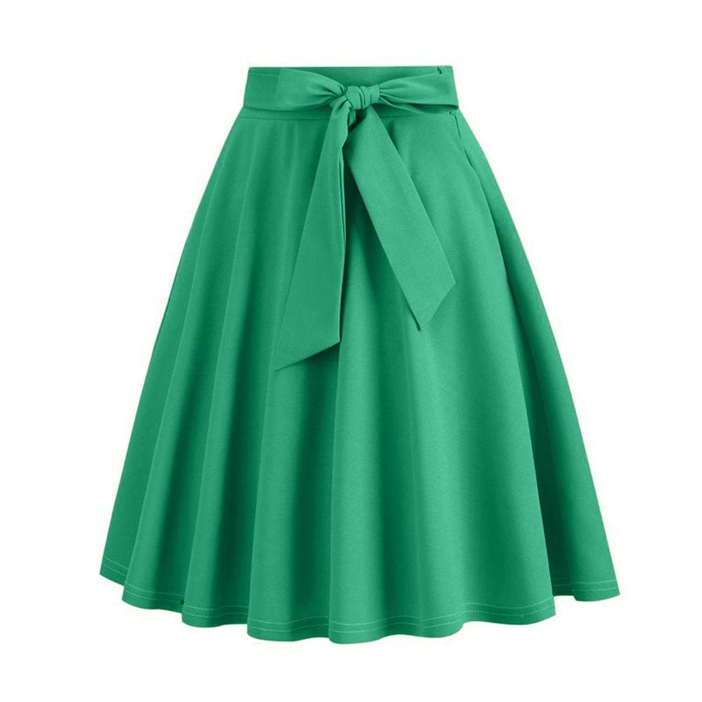 Women Skirt Belted Tight Waist Bow Decor A-line Big Swing Solid Color High Waist Soft Ruffle Summer Dating Party Midi Skirt XL green