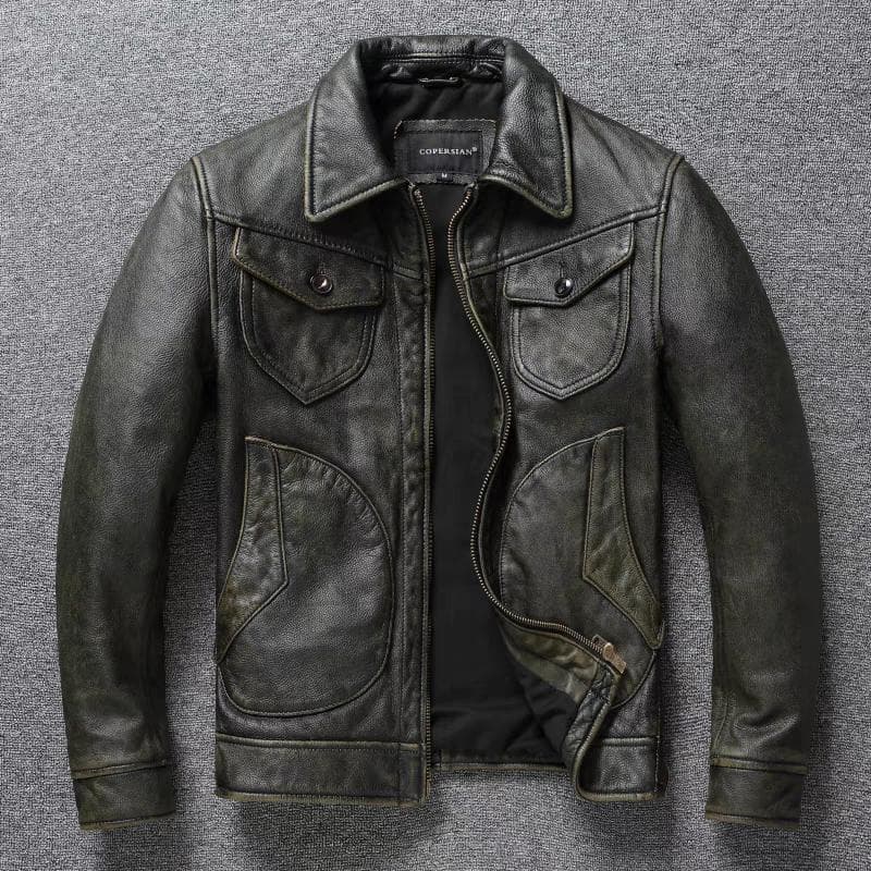 Mendoza Farmer Genuine Leather Jacket Men 'S American Retro Distressed Moon Pocket Olive Green Lapel Motorcycle Jacket S olive green