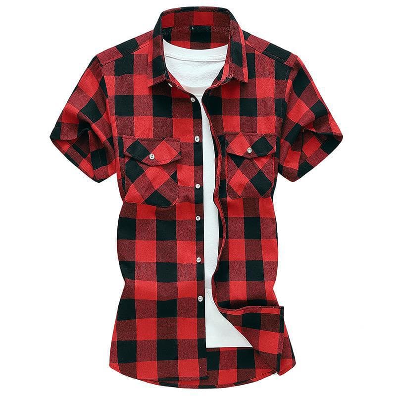 2023 Men's Plaid Casual Short Sleeve Shirt with Double Pockets - Summer Fashion, Large Size 7XL red/black