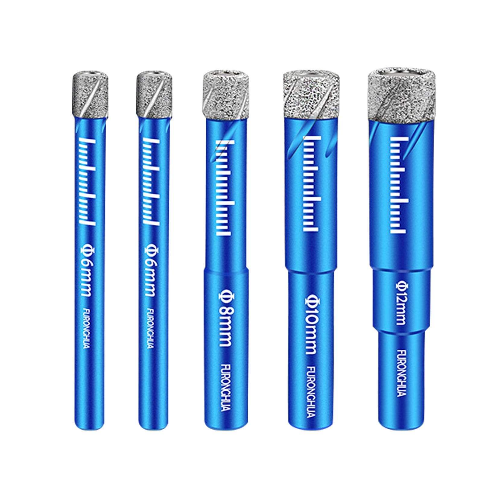 Dry Diamond Drill Bits Set 5PCS with 1/4 5/16 3/8 1/2 Inch for Granite Ceramic Marble Tile Stone blue