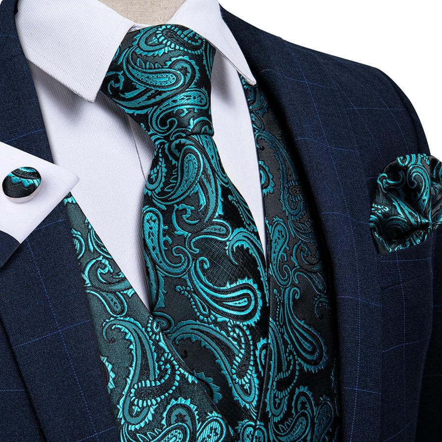 Dibangu Mens Yellow Paisley Vest Suit Waistcoat Hanky Cufflinks Tie Set Wedding 2XL