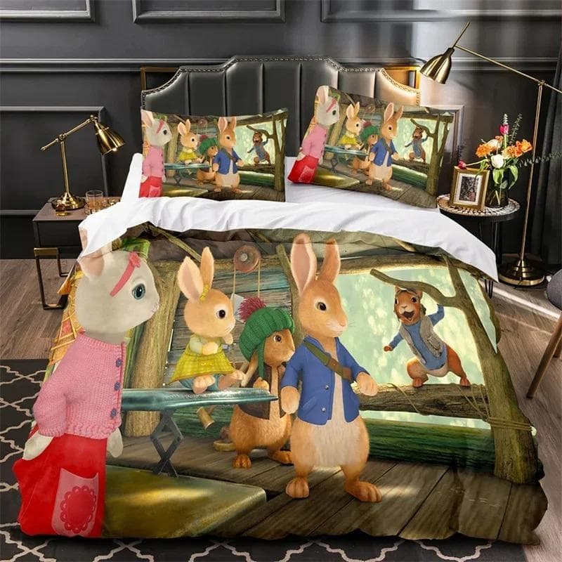 3D Print Peter the Rabbit Bedding Set,Duvet Cover Comforter Bed Set Quilt Cover Pillowcase,King Queen Twin Size Boys Girls AU King 245x210cm