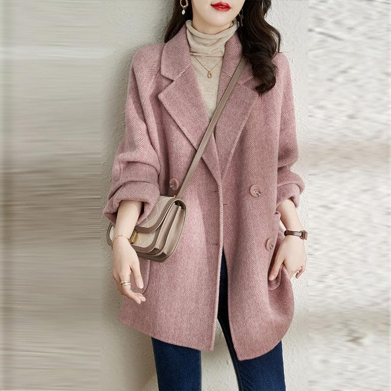 Suit Collar Temperament Woolen New Herringbone Coat Loose and Thin Jacket Versatile Small Top M pink