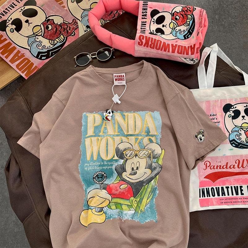 Cartoon Short-sleeved T-shirt Women's Summer New Loose Large Size Versatile Pure Cotton Top L dark brown