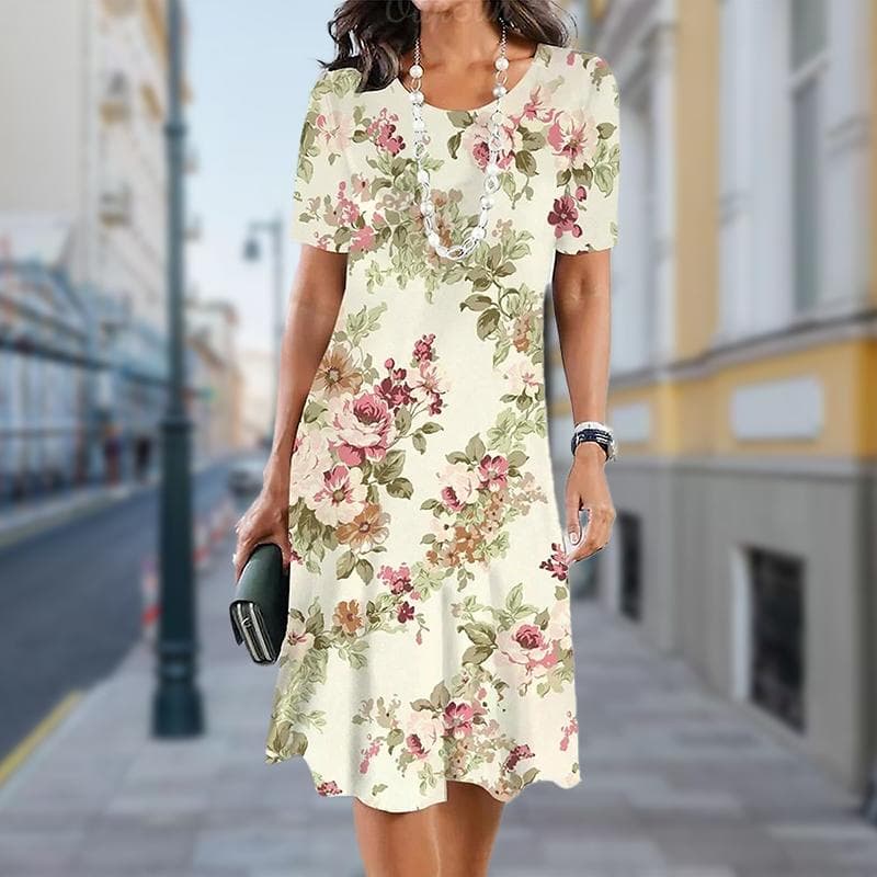Fashion Womens Loose Flower Print O Neck Short Sleeve Leaves Print Loose Streetwear A-line Dress 4XL yellow