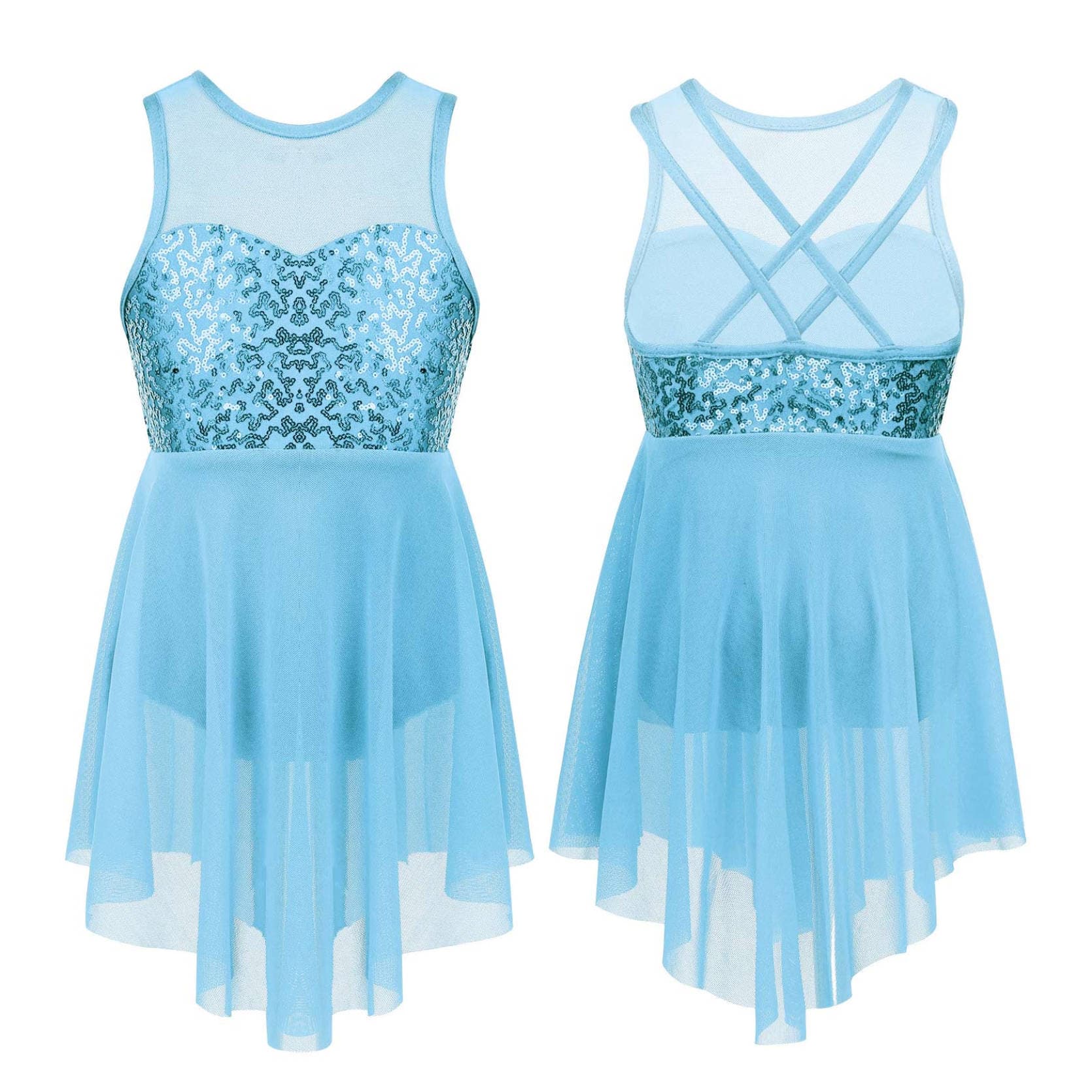 Kids Girls Modern Lyrical Dance Costumes Sleeveless Sequins Criss-Cross Back Ballet Irregular Leotard Dress 11-12 Years light blue
