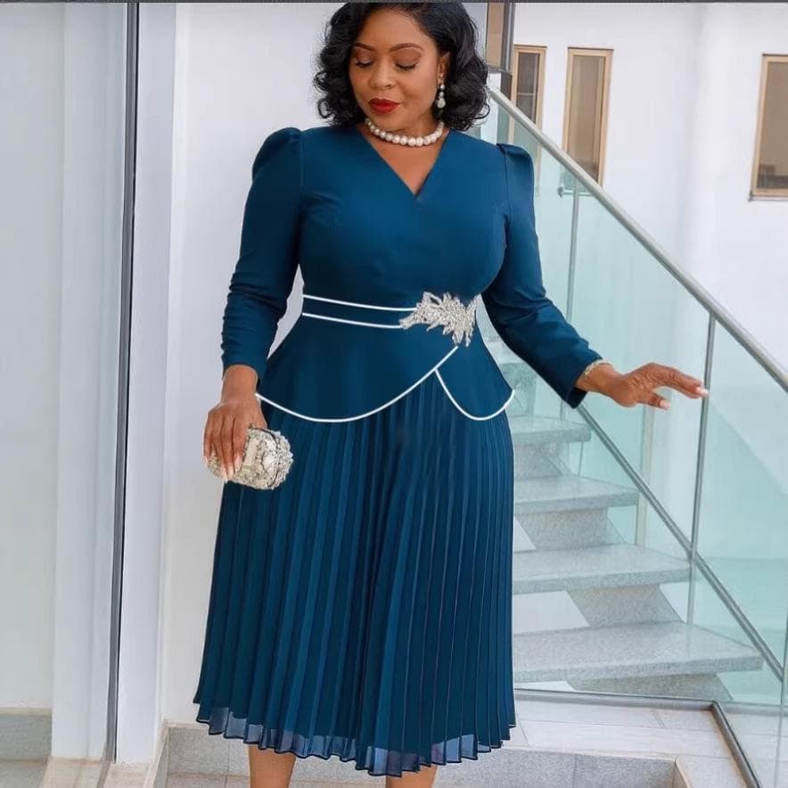 Plus Size Women's Navy V-Neck Long Sleeve Ruffle Dress, Waist-Cinched and Elegant with Pleated Skirt XXXXL peacock blue