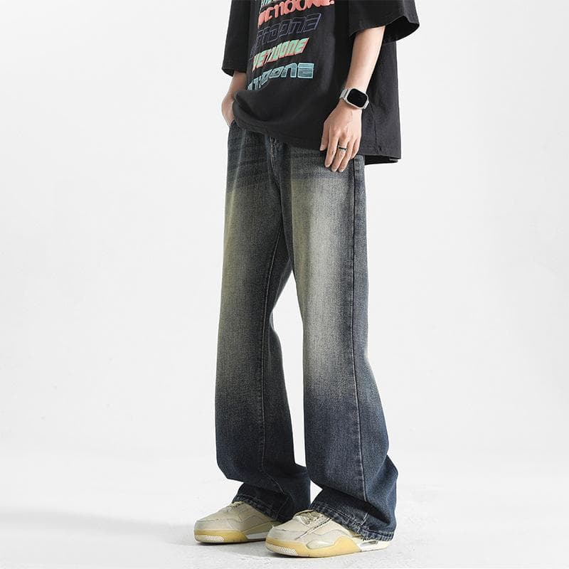 High Street Washed Dark Blue Jeans Men's Summer Versatile Wide Leg Straight Pants Old Flare Pants 3XL