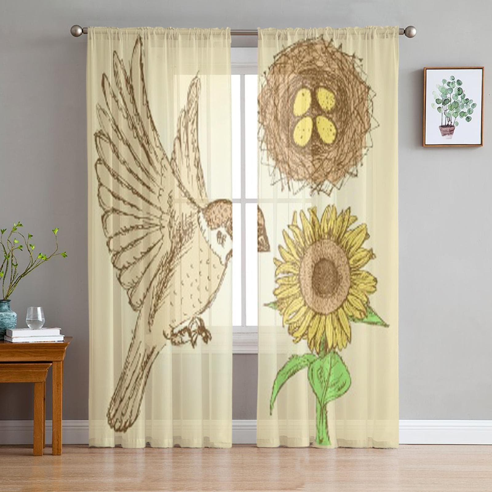 Sketch Nature Set In Vintage Style Chiffon Sheer Curtains for Living Room Bedroom Decoration Window Voiles Tulle Curtain 135W x 114H(cm)