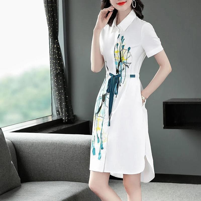 Polo Collar Printed Dress Elegant Temperament Shirt Dresses Comfortable OL Loose Dress with Lapel Neck 4XL white