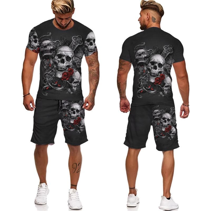 Novelty Gothic Skull 3D Print Tee/Suit Summer Men's Cool Punk Style T-Shirts+Shorts Set Personality Hip Hop Streetwear Tracksuit L