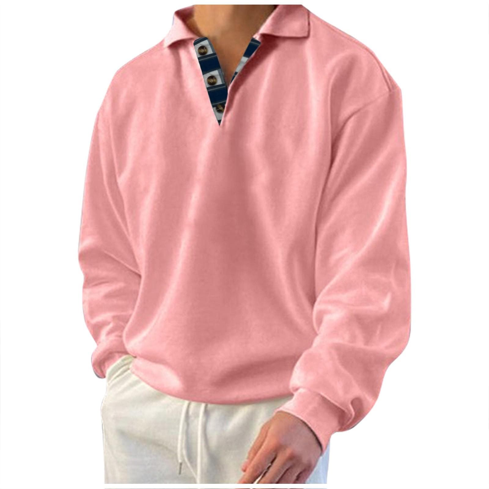 Men's Sweatshirt Winter Sweatshirt Solid Color Lapel Loose Long Sleeve T-shirt XXXL pink
