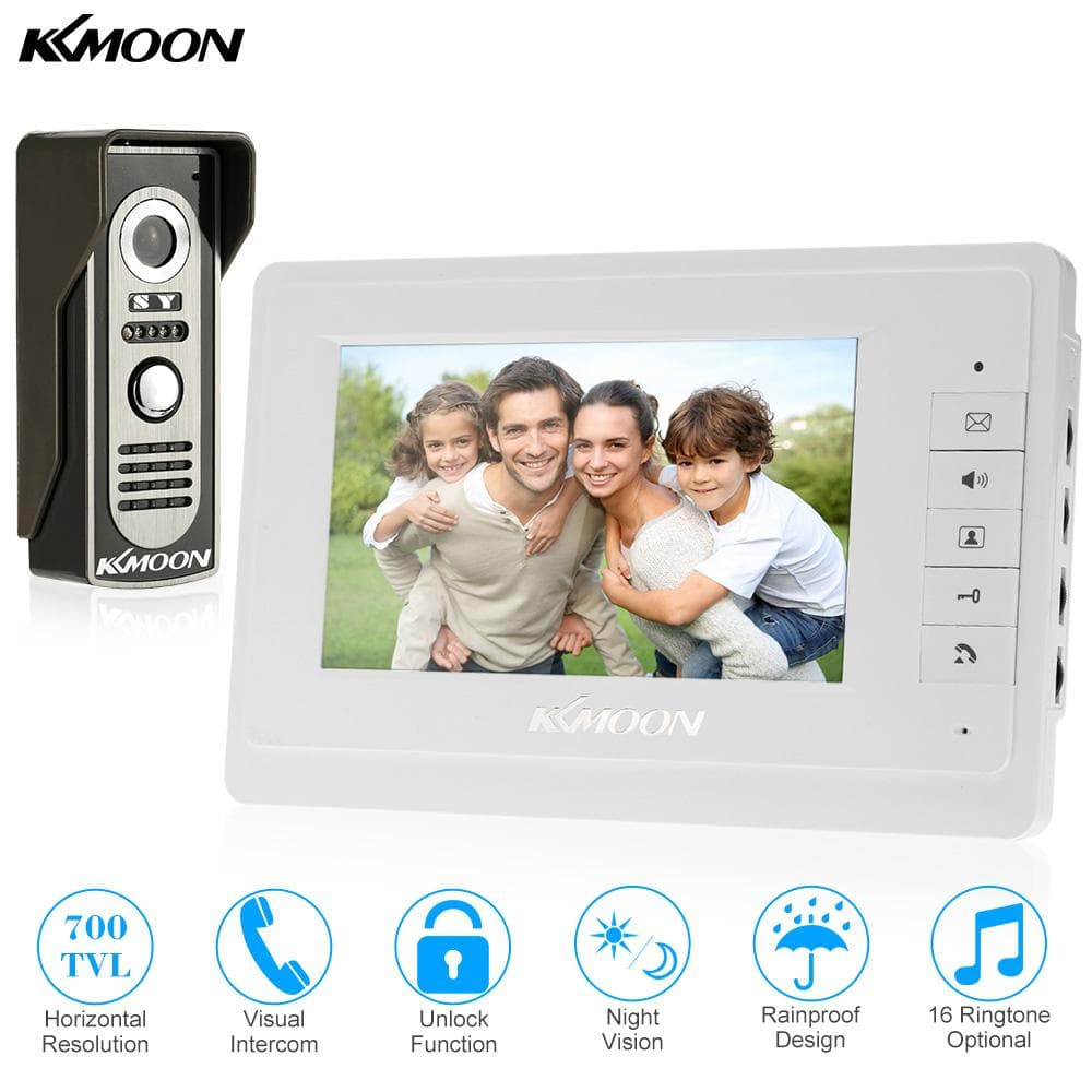 7 Wired Video Door Phone System Visual Intercom Doorbell with Indoor Monitor and Outdoor Camera EU Plug with logo white