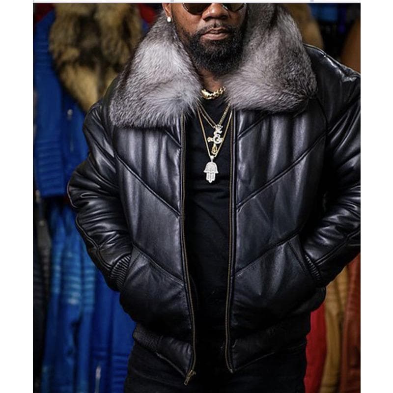 Men's Pu Leather Short Coat Gray and White Big Fur Collar Men's Coat XXXXL black