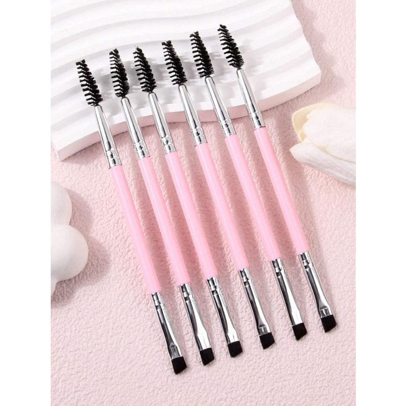6pcs Eyeshadow Mascara Brush, Plastic Handle Double Head Mascara Brush, Spiral Eyebrow Comb, Ultra-Thin Eyeliner Brush Makeup Tool pink