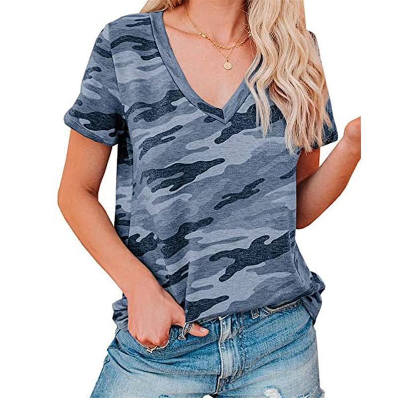 Summer Women's T-shirt Camouflage V-neck T Shirt Ladies Fashion Short Sleeve Tops Retro Streetwear Fashion Clothes Female Casual 2XL
