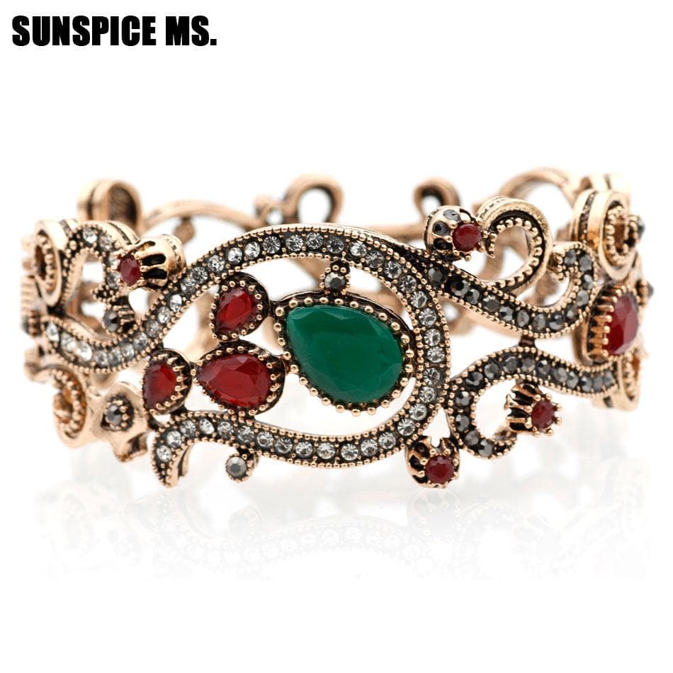 Vintage Trendy Turkish Hollow Flower Sculpture Bracelet Bangle Retro Jewelry Antique Gold Color Pulseira kit Party Accessories green
