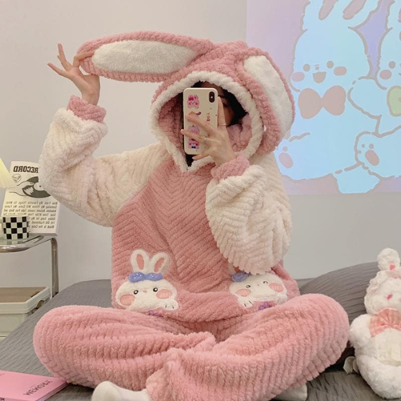 New Plush Set for Women Thickening Hooded Long Sleeve Outfits for Women 2 Piece Set Cute Strawberries Printing Women Clothe XXL