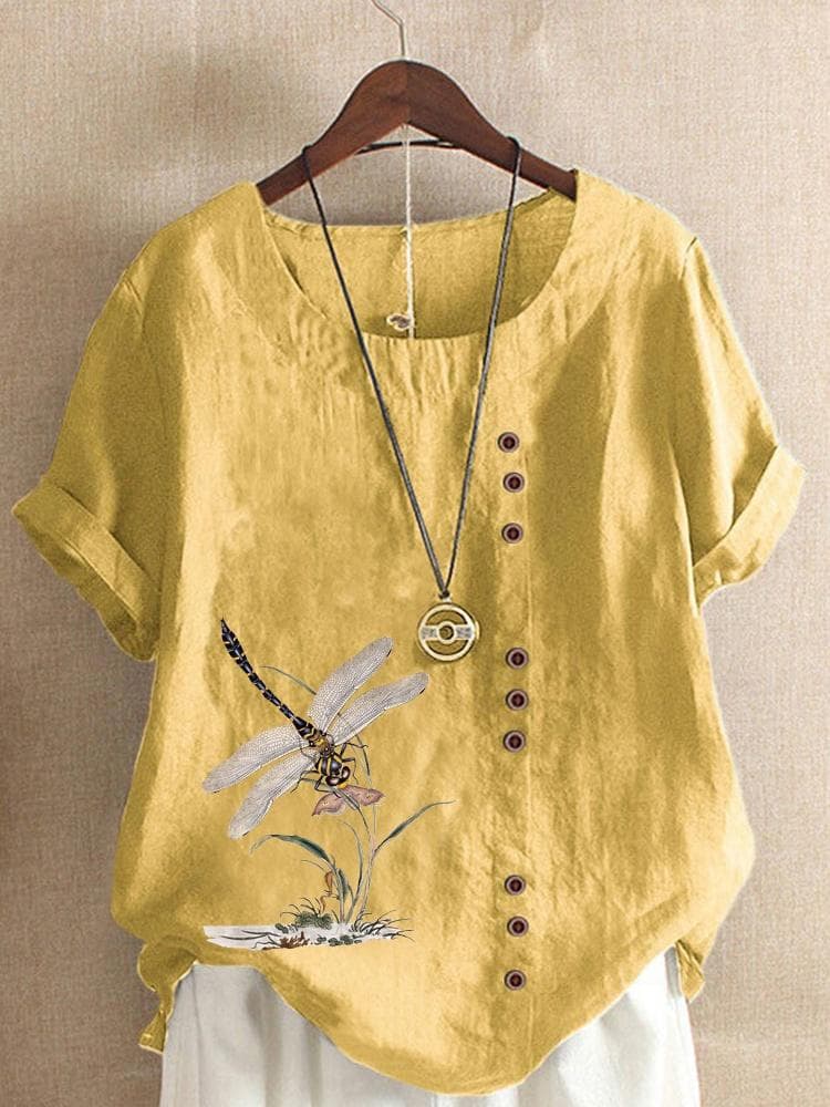 Summer Casual Dragonfly Print Loose T-shirt Retro Cotton and Linen O-neck Plus Size Short-sleeved Women's Top XS-5XL 3XL yellow