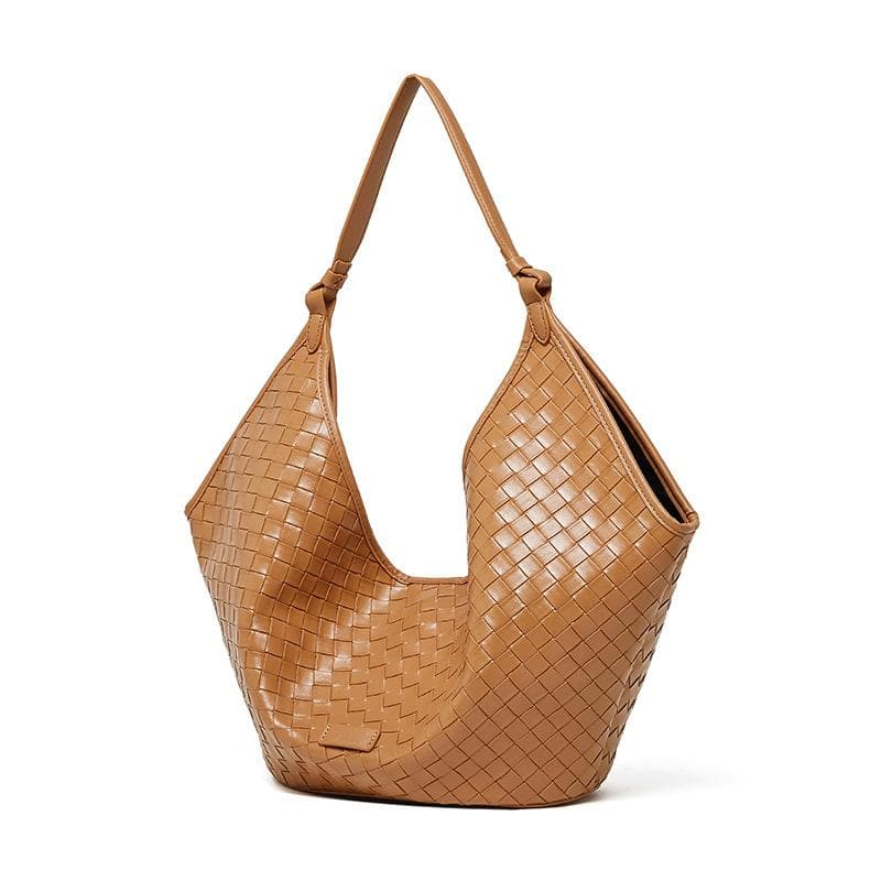 Leather Bag Female Fashion Cowhide Braided Pattern Lady Class Commuting Bag brown