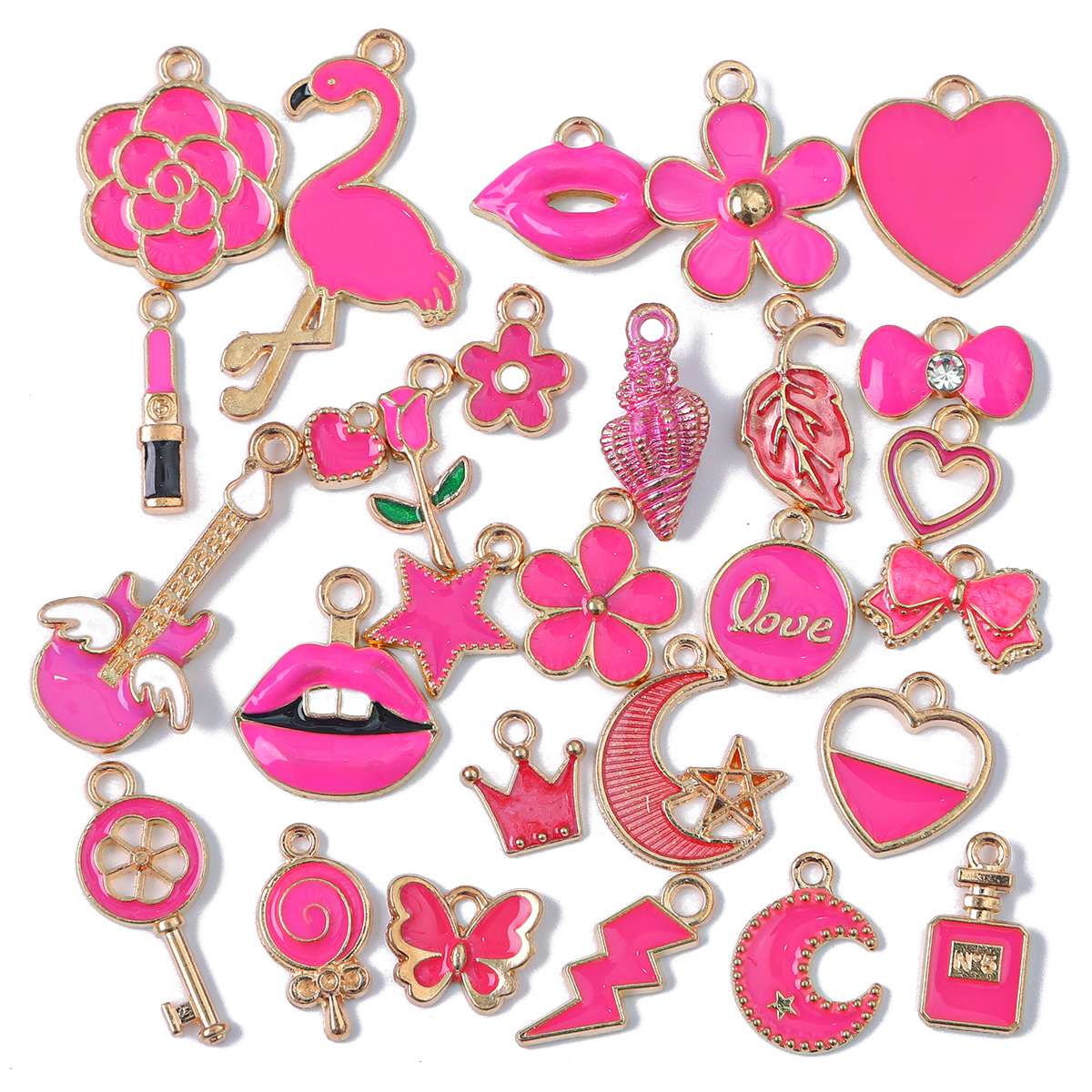10Pcs Random Mix Alloy Drop Oil Charms Multicolor Animals Flower Pendant Beads For Bracelets Earrings Making DIY Fashion Women Jewelry Findings fuchsia