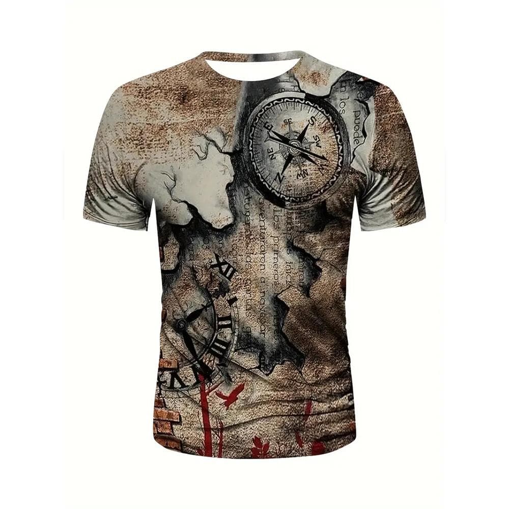 Summer Vintage Men's T Shirt Sailboat Compass 3d Print Casual Short Sleeve Tops Fashion Crew Neck Oversized Clothing Pullover 4XL