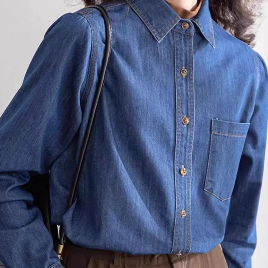 Dark Blue Retro Front Shoulder Denim Shirt for Women with Velvet Inner Layer Layered with New Autumn and Winter Small Soft Top XL blue