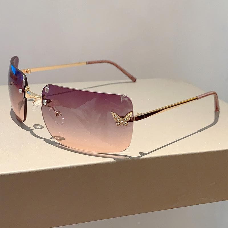 Y2K Luxury Designer Rimless Square Sunglasses Women Trendy UV400 Pink Punk Shades Butterfly Diamond