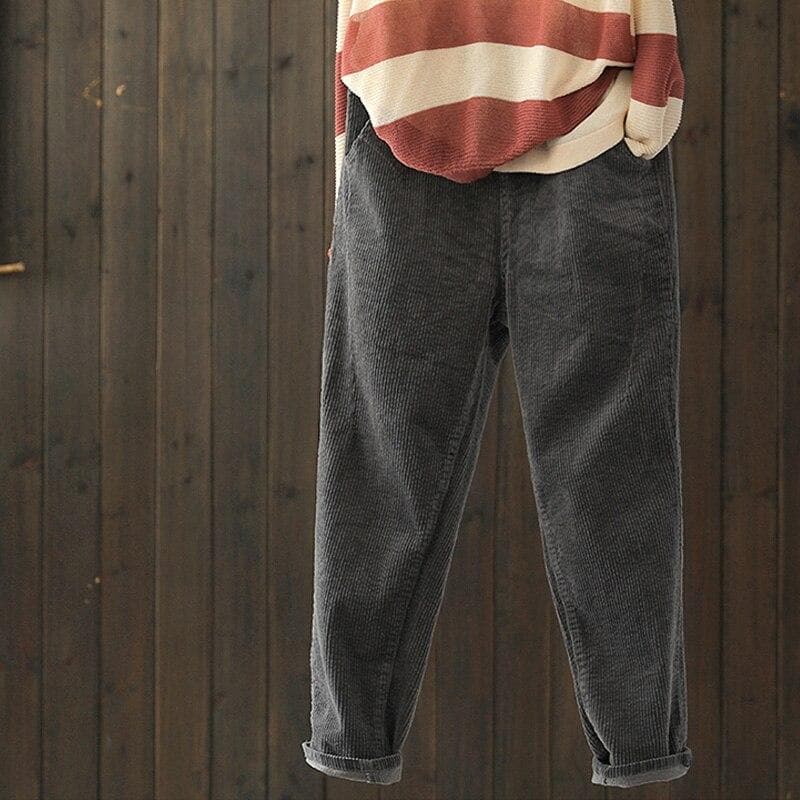 Johnature Corduroy Pants For Women Elastic Waist Solid Color Trouser Spring Women Cloths Pockets Casual Pants XXL gray