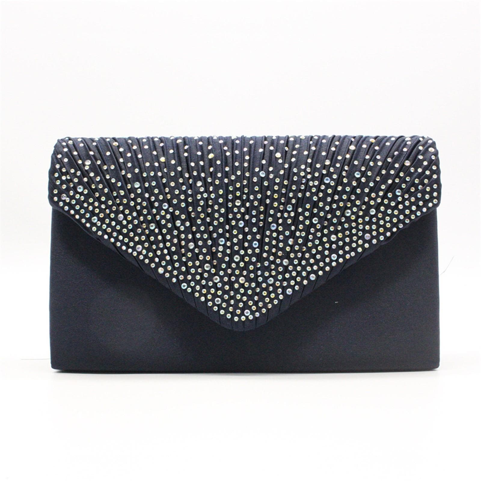 Women's Fashion Elegant Silk Belt Drill Clutch Evening Prom Handbag Purse One Size dark blue