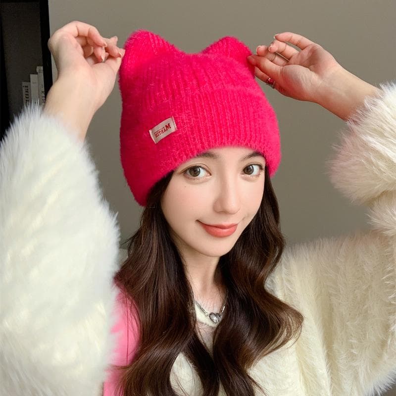 New Women Cute Cat Ear Winter Hat Fashion Faux Fur Knitted Hat Kpop Style Soft Beanie Hats Female Candy Colors Streetwear Cap 54cm-58cm rose red