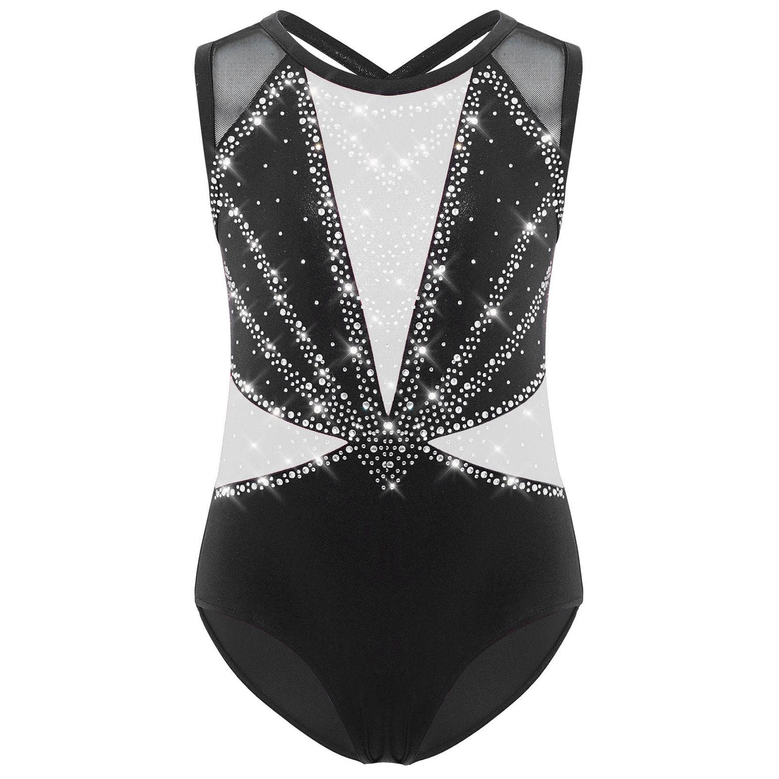 Kids Girls Crisscross Back Leotard Sleeveless Round Neck Shiny Rhinestones Metallic Dance Costume 9-10 Years white