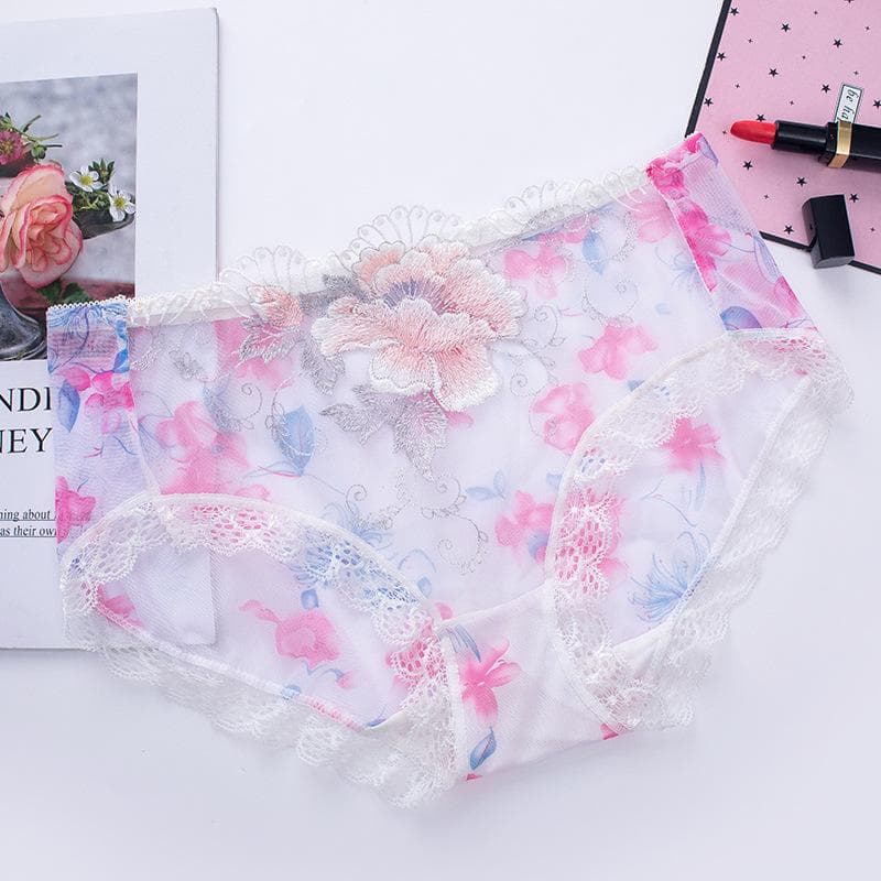 Lace Underwear Sexy Medium Waist Breathable Mesh Embroidery Hollow Large Size Transparent Ladies Underwear XL white