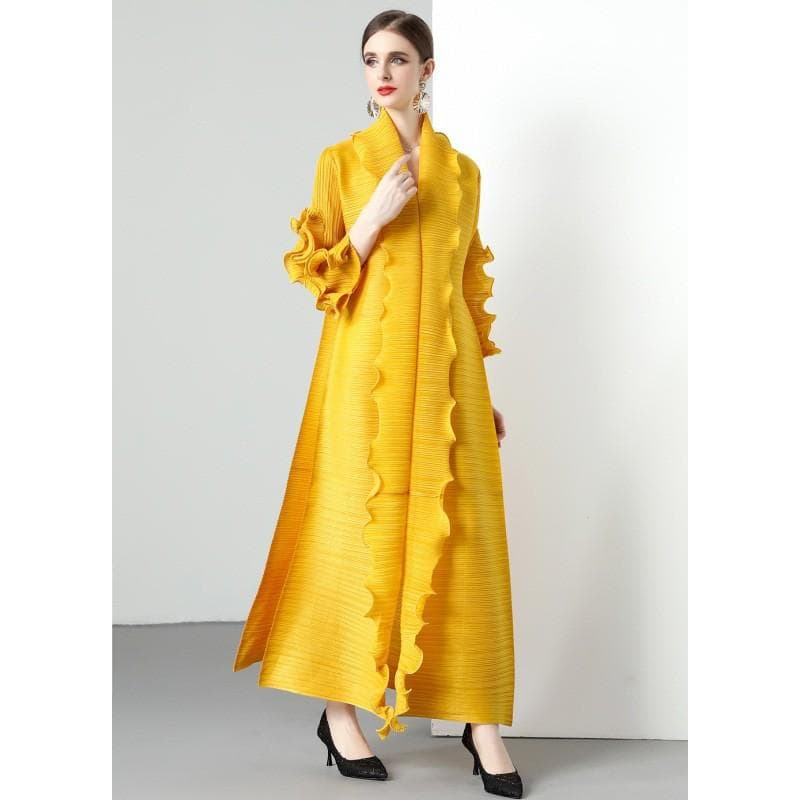 Miyake 2025 Spring Women's Ruffled Long-Sleeve High-Elastic Dress - Large Size, Early Autumn One Size yellow