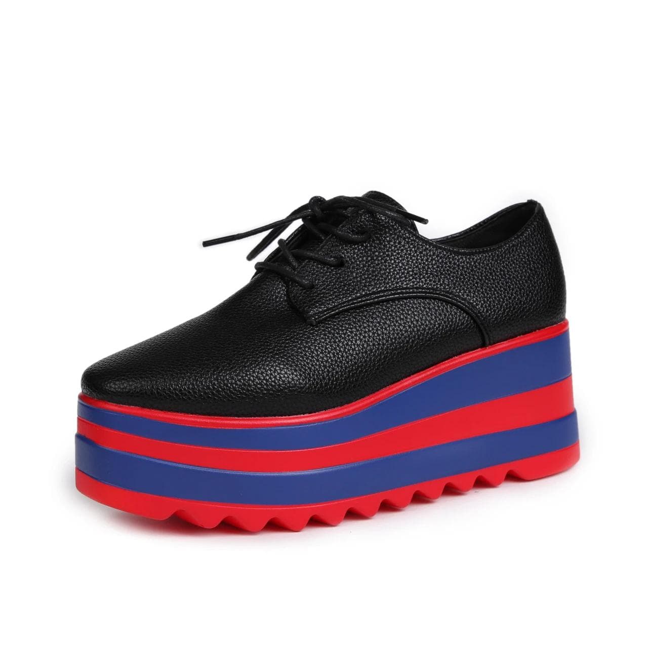 Women Comfortable PU Rubber 6cm Platform Shoes Lace Up Casual Shoes Round Toe Flat Loafers Autumn Ladies Height Increasing Shoes 43 black